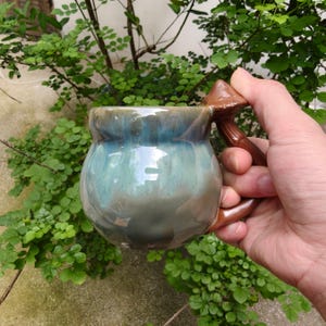 Handcrafted Mushroom Handle Ceramic Mug, Reactive Glaze Coffee Cup (12 oz)