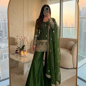Green Pakistani Suit Set for Women, Embroidered Kurta Palazzo Dupatta, Indian Wedding Dress, Eid Outfit, Festive Salwar Kameez image 1