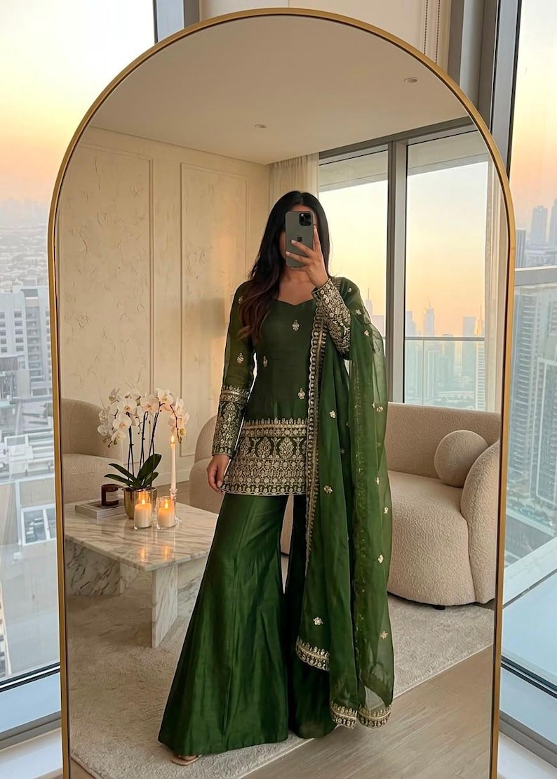 Green Pakistani Suit Set for Women, Embroidered Kurta Palazzo Dupatta, Indian Wedding Dress, Eid Outfit, Festive Salwar Kameez image 1