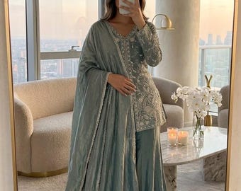 Beautiful Pakistani Silk Palazzo Suit Set, Embroidered Ethnic Indian Outfit for Party, Wedding, Festival Wear, Eid outfit, Readymade