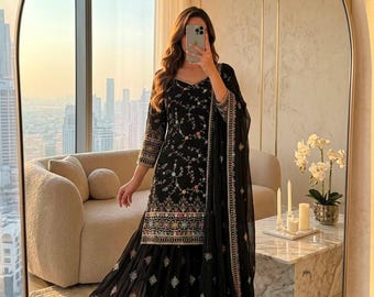 Black Embroidered Sharara Set for Women, Pakistani Wedding Outfit, Indian Ethnic Party Wear, Floral Mirror Work Kurta with Dupatta
