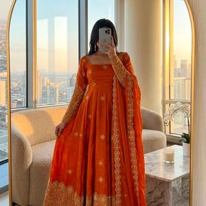 orange colour dress design Color Gown simple orange suit design Women Round‐Neck Half‐Sleeve Fit‐and‐Flared Size 14 Ranas Orange Color Designer Style:1 Piece
