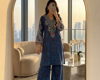 Ensemble kurti de costume Salwar Kameez bleu avec dupatta pour femme, vêtements ethniques 3 pièces, tenues de fête ready-made, travaux de broderie