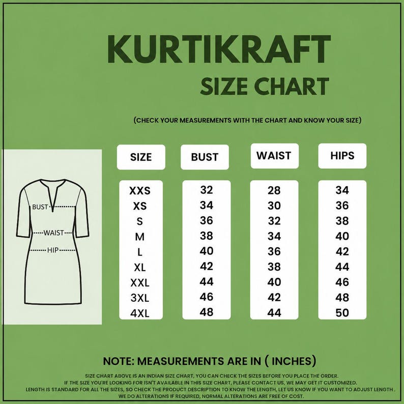 May include: A green Kurtikraft size chart with dark green text. It displays a diagram of a dress with bust, waist, and hip labels. A table lists sizes from XXS to 4XL with corresponding measurements in inches for bust, waist, and hip dimensions.