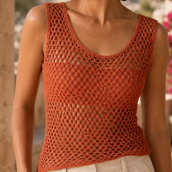 Mesh Tank Top CROCHET PATTERN, Openwork Summer Top, Sleeveless Beach Cover Up, Women’s Resort Wear