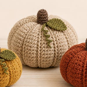 May include: A digital pattern titled Ribbed Crochet Pumpkin Pattern PDF + OFFLINE HTML featuring three handmade crocheted pumpkins in mustard yellow, beige, and burnt orange, each with a brown stem, a green leaf, and a small curly vine.