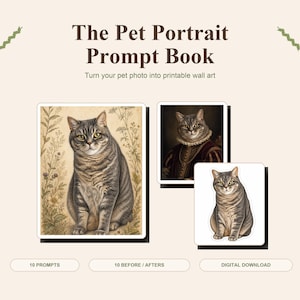 以下が含まれることがあります： デジタルダウンロードのPet Portrait Prompt Bookには、テキストと3枚の猫のイラストが含まれています。植物を背景にしたタビーキャット、歴史的な衣装を着た猫、白い背景に描かれた猫のイラストと10個のプロンプトが記載されています。