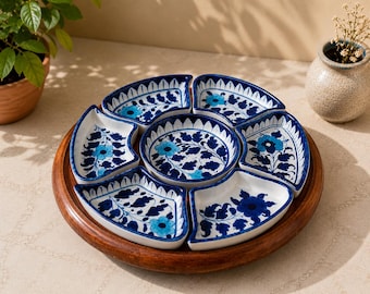 Handgemachte Blaue Keramik Servierplatte Set | 7-teiliges Snacktablett aus Keramik