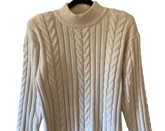 Awesome Sweater, Vintage Silk And Cotton Knitted Ivory Cream Cable Fisherman Sweater Winter White Classic Warm Cable Sweater Knit Top S