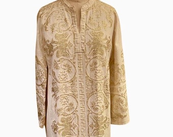 Gold Embroidered Boho Maxi Dress: Vintage 1970s Cotton Caftan, Handmade Crochet Detail