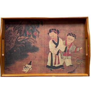 Large Serving Tray Asian Art Design, Wood Tray With Handles, Handpainted , Lacquered