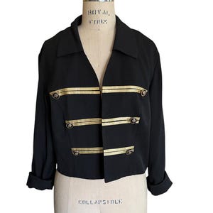 Vintage Black Crop Blazer: Gold Trim Uniform Jacket (L)