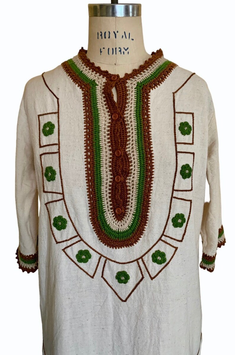 Caftan Embroidered Boho Maxi Dress, 1970s Vintage Caitela Caftan, Handmade Crochet Embroidered Columbia image 3