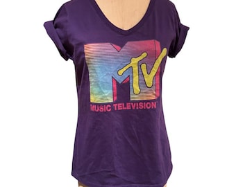 Vintage 90s MTV T-Shirt, Multicolor Logo, V-Neck, Size M