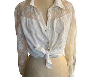 Vintage White Lace Blouse, Sheer Romantic Floral, Swiss Made M
