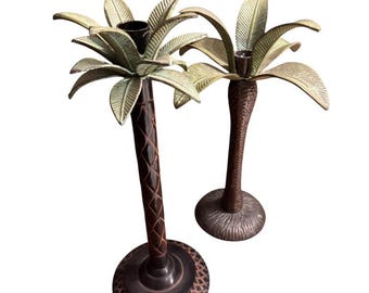 Vintage  Set Of 2 Metal Palm Tree Candle Holders 1990 Tropical