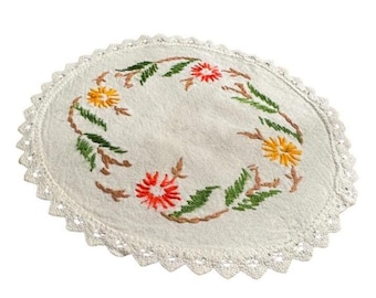 Vintage Oval Hand Embroidered Floral Table Topper, Swiss Cotton Home Decor