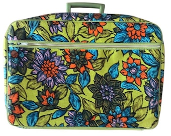 Vintage 1960s Floral Suitcase: Blue Mod Travel Case - Flower Power Decor