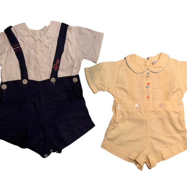 Toddler Outfit by A-LAD'N Togs, One Nautical Navy Romper With Shirt, One Pale Yellow Shortall Button Up Set, Vintage Toddler Size 1 and 3