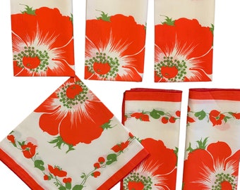 Flower Napkins, Mod Napkins Vintage Retro Mod Printed Cotton Napkins 1970s Dining Table Decor Modern Red Floral Cloth Napkins Set of 6