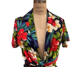 Vintage Go Barefoot Hawaii Tropical Rayon Shirt, Floral Print Camp Blouse