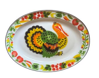 Vintage Enamel Turkey Platter | Brightly Colored Serving Tray (17 1/2" x 13")