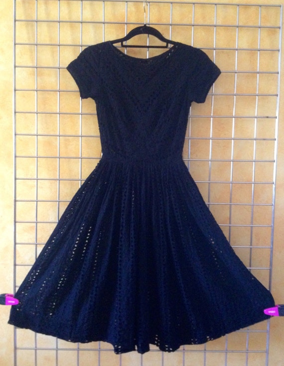 Vintage 60s Audrey Hepburn Black EYELET Dress Size