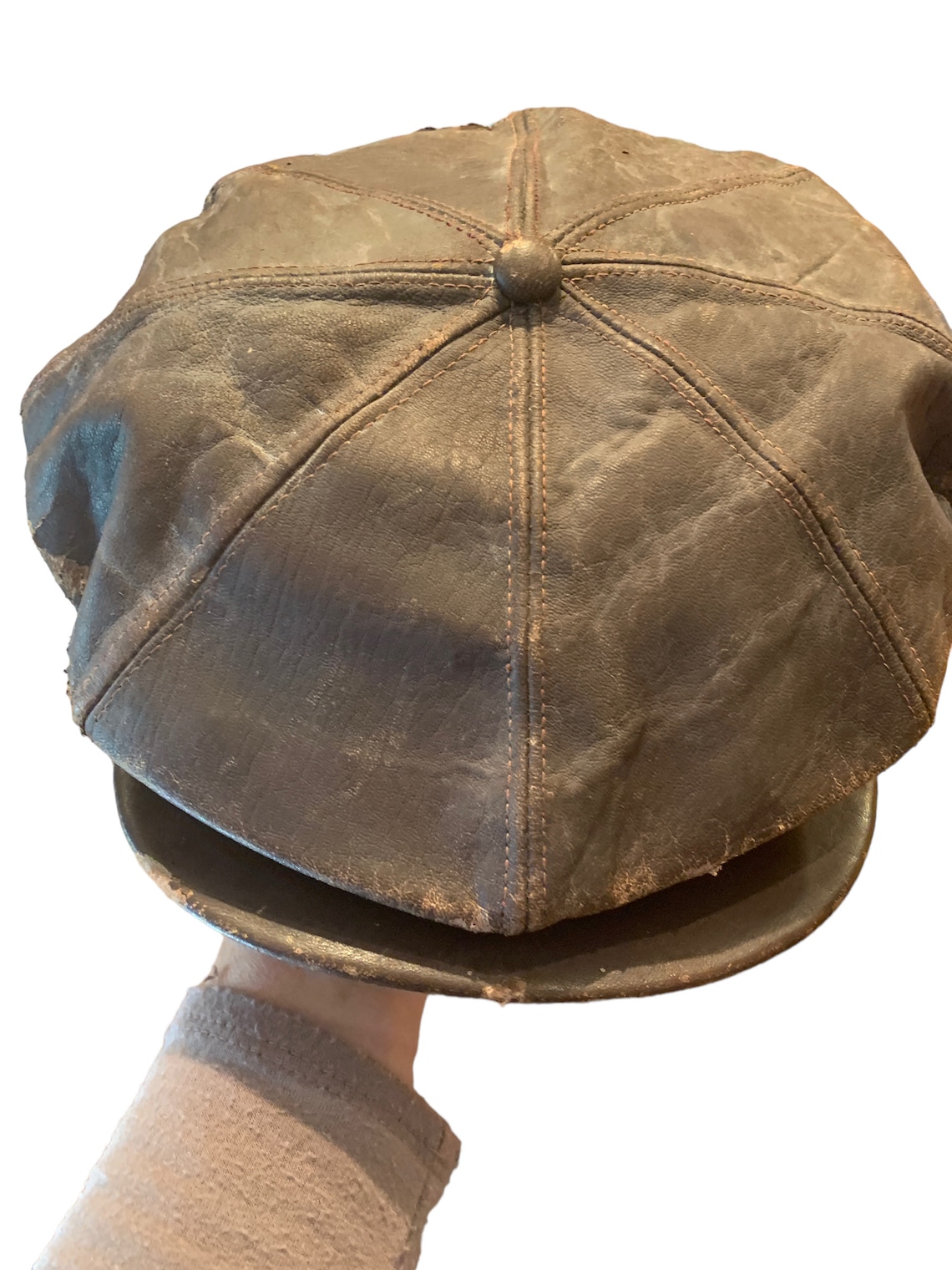 Leather Cap, Genuine Newsboy Distressed Leather Hat Cap, Gatsby Flat Golf Cabbie, True Vintage, Flat Cap,Great for Display, Movies 7 1/8 image 2