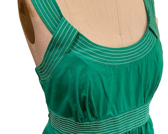 Vintage Kelly Green Summer Dress: White Stitch Detail, Size M