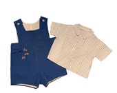 Vintage Navy Toddler Romper Set: Plaid Shirt, Village Embroidery (Size 2/3)