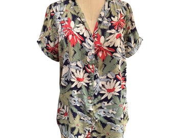Vintage Tropical Rayon Camp Shirt, Floral Print Button Down Blouse M