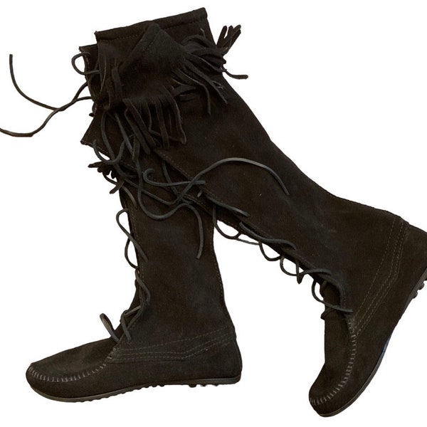 Vintage Minnetonka Suede Moccasin Boots, Fringe Tall Black Suede Boots, Festival Boots, Shoes Size 6