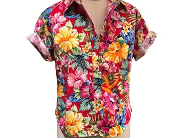 Vintage Hawaiian Crop Shirt, Vibrant Tropical Cotton Henley Blouse