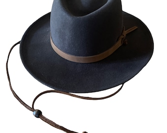 Wool Hat, Vintage 1980s Dorfman Pacific Chocolate Brown Wool Hat,Wide Brim Hat Women's Wool Felt,Leather Tie, Adjustable, Stiff Brim Hat