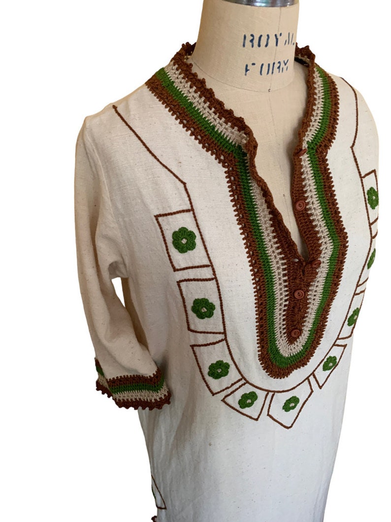 Caftan Embroidered Boho Maxi Dress, 1970s Vintage Caitela Caftan, Handmade Crochet Embroidered Columbia image 9