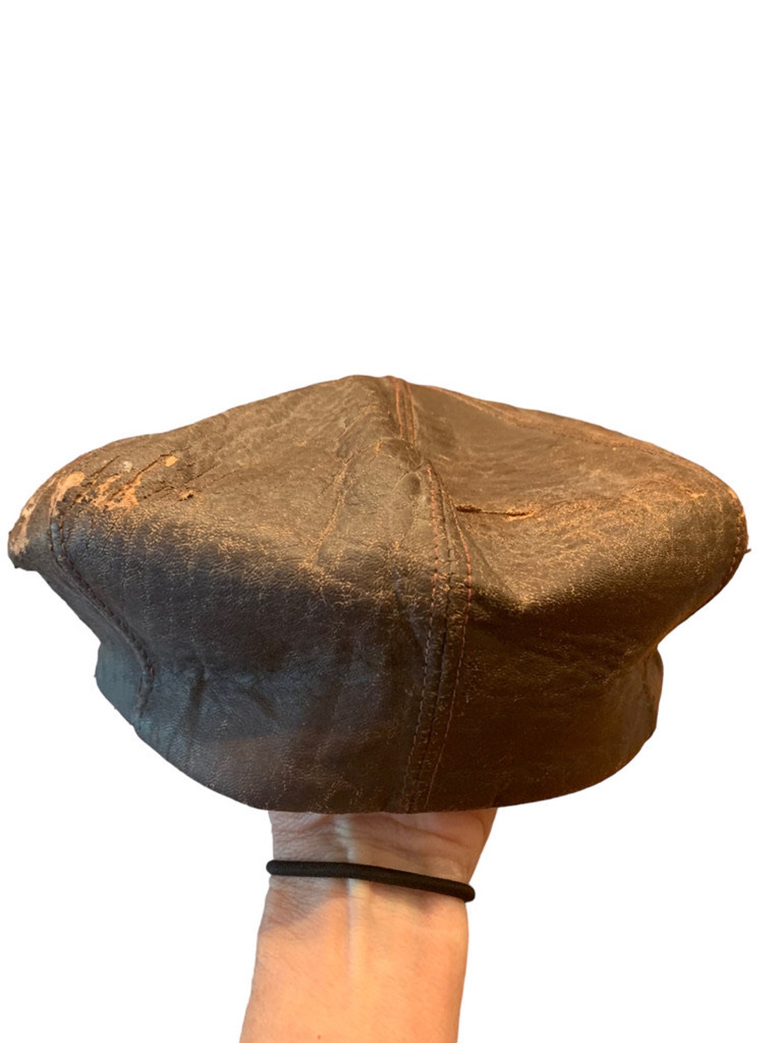 Leather Cap, Genuine Newsboy Distressed Leather Hat Cap, Gatsby Flat Golf Cabbie, True Vintage, Flat Cap,Great for Display, Movies 7 1/8 image 5