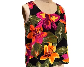 Vintage Rayon Hawaiian Floral Crop Top, Sleeveless Tropical Shirt