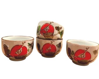 Vintage Hand-Painted Stoneware Japanese Tea Mug Retro Kitchen Set of 4