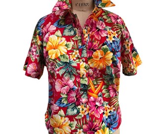 Vintage Hawaiian Crop Shirt, Vibrant Tropical Cotton Henley Blouse