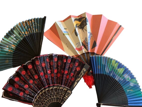 4 Hand Fans, Asian Paper Fan, Fabric Fan, Assorted Ha… - Gem