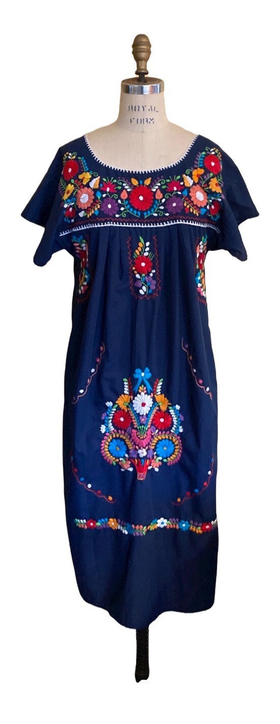 Dress, Blue Cress, Mexican Folk Art, Embroidered V