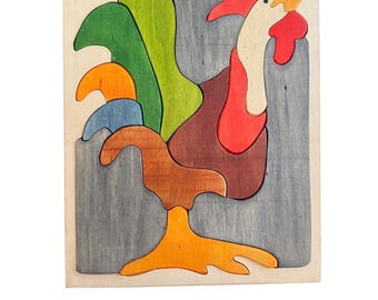 Handmade Wooden Rooster Puzzle: Colorful Swiss Made Toy