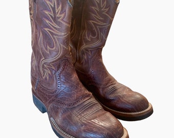Genuine Leather Cowboy Boots, Ariat Men's Brown Boots, Embroidered Boots,Western Boots, Heavy Duty Cowboy Boots Size 9