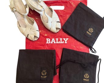 Vintage Bally Of Switzerland Vasano White Leather Ladies Sandals, 3 Bally Fabric Shoebags, Size 6 1/2 (37)