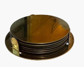 Vintage Brass Coasters Set With Stand, Mid-Century Mod Home Barware