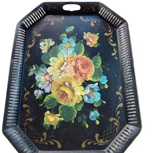 Tray, Hand Painted Toleware Large Octagonal Black Metal Tray, Dining And Serving, Party Tray Home Decor Boho Home Decor, Large Serving Tray
