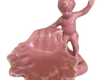 Pink Vanity Cherub Soap Dish, Cherub  Dish Figurine Pink Dish Vintage High Gloss Retro Pink Soap Dish Leave/Boy Design 1950 Retro