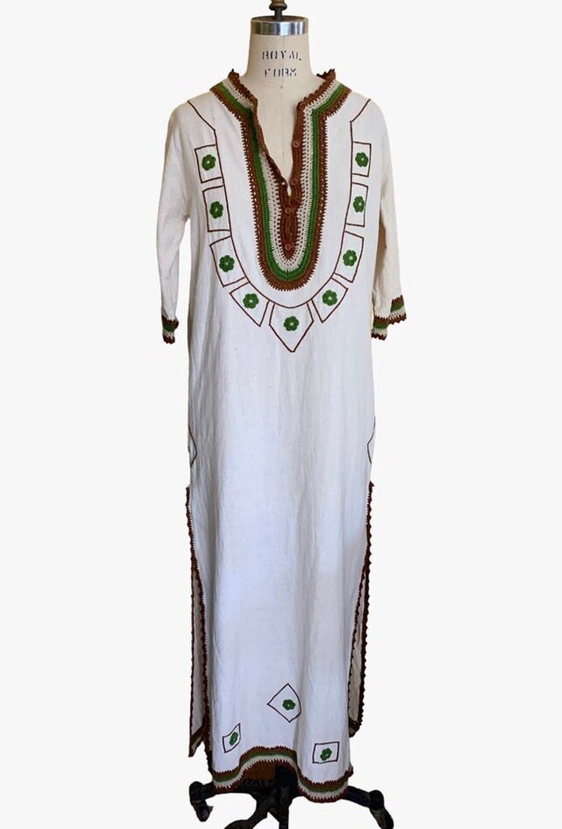 Caftan Embroidered Boho Maxi Dress, 1970s Vintage Caitela Caftan, Handmade Crochet Embroidered Columbia image 1