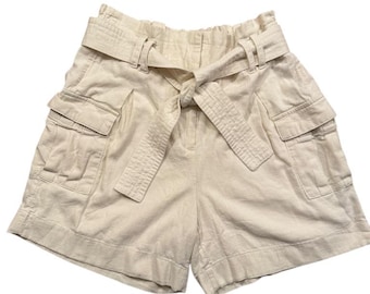 Vintage Vera Wang Ecru Linen Blend Bermuda Shorts, Belted 1990s Cargo Shorts, Size S