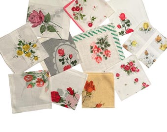 Vintage Swiss Rose Hankies Set, Red Yellow Floral Handkerchiefs